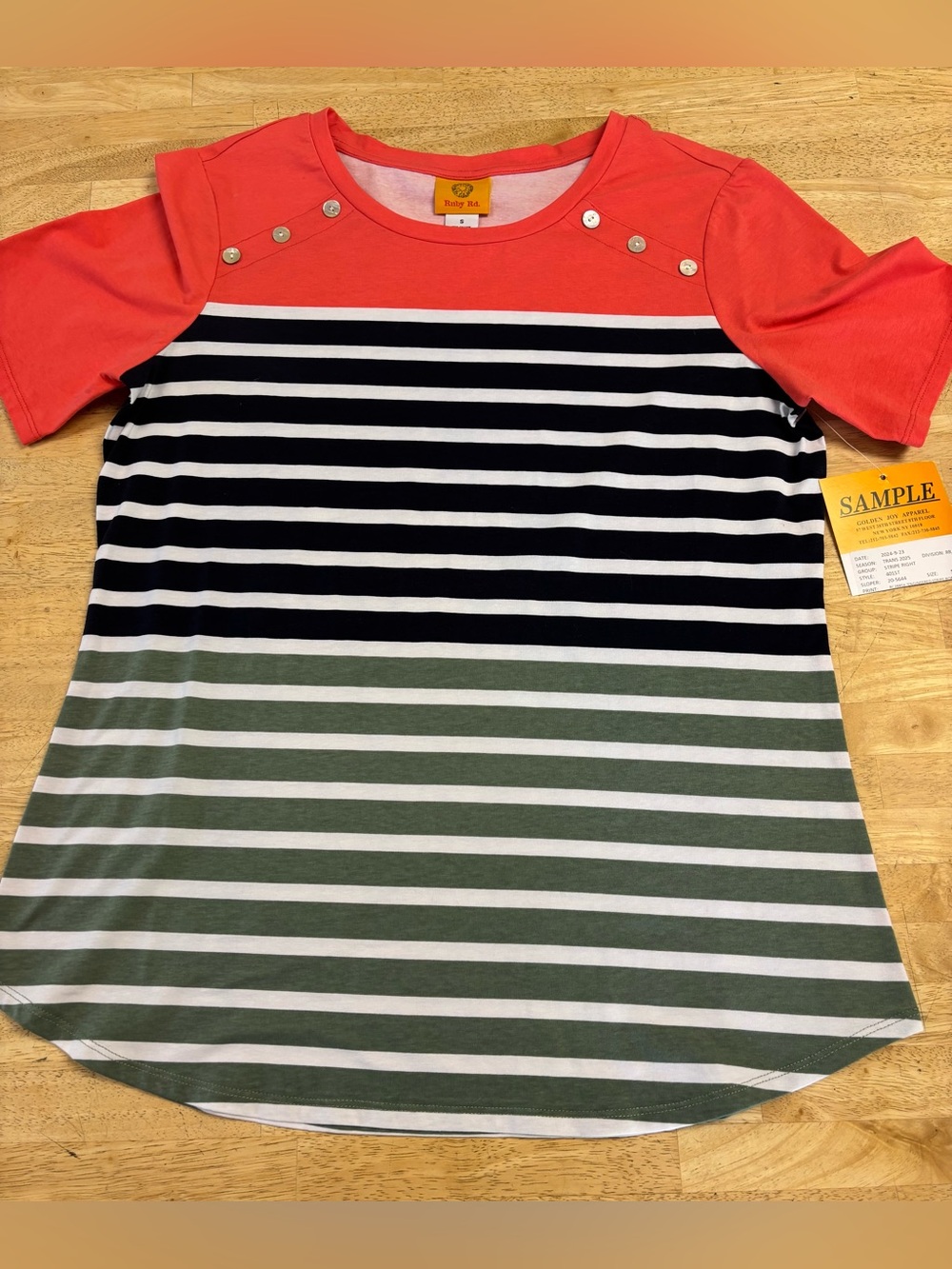 NWT Ruby Rd. Coral, Navy & Olive Striped Button-Shoulder Tee